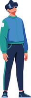 Man wearing virtual reality headset and casual sportswear exploring immersive digital environment in modern technology scene vector