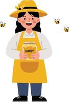 Smiling beekeeper woman holding honey jar in yellow apron and hat with bees flying around friendly farm scene vector