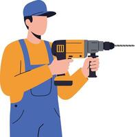 Construction worker using electric drill in blue overalls and orange shirt for building projects vector
