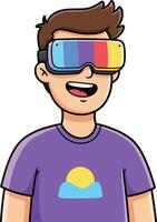 Young man wearing colorful virtual reality headset enjoying immersive digital experience in purple shirt with sun design vector