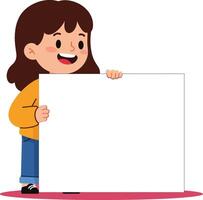 Young girl holding blank white poster board standing with happy expression and casual clothes in simple illustration style vector