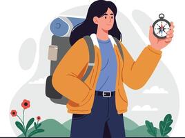 Female hiker exploring nature with backpack and compass for outdoor adventure and navigation in casual outfit vector