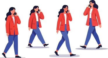 Woman in red jacket walking and talking on phone with blue pants casual style digital illustration vector