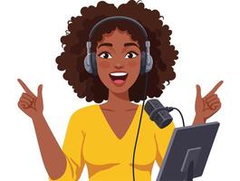 Young woman podcast host recording with microphone and headphones in bright yellow outfit cheerful expression vector