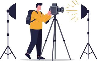 Photographer setting up professional camera with studio lighting and tripod for photo shoot session vector