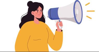Woman speaking through blue megaphone in yellow sweater communicating message loudly vector