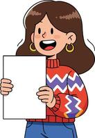 Girl holding blank white paper sheet wearing colorful patterned sweater and blue jeans smiling naturally vector