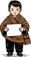 Young boy wearing traditional ethnic patterned brown and black shawl holding blank white sign standing front view vector