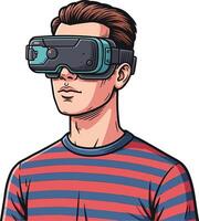 Young man wearing virtual reality headset exploring immersive technology in striped shirt digital illustration vector