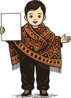 Child wearing traditional patterned orange and black shawl holding blank paper with welcoming gesture in simple illustration style vector