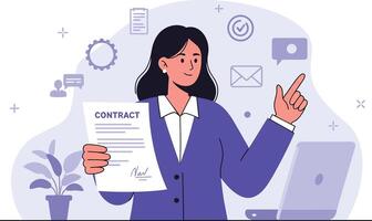 Businesswoman presenting contract document in modern office environment with digital icons and technology elements vector