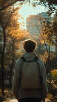 Young Person Walking Through Park at Sunset With Backpack and Trees Surrounding photo