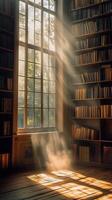 Sunlight Streaming Through Window in a Vintage Library Filled With Books and a Warm Atmosphere photo