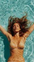 Woman Relaxing in Clear Blue Water of a Pool on a Sunny Day While Enjoying Peaceful Moments photo