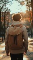Young Man Walks on a Sunny Path Surrounded by Trees and Autumn Colors in a Peaceful Park Setting. photo