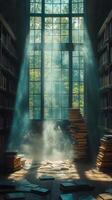 Dusty Sunlight Filters Through Windows of an Old Library Filled With Books at Midday photo