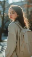 Young Woman With a Backpack Enjoys a Sunny Day in the Park During Autumn photo