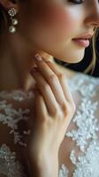 Elegant Bride in Detailed Embroidery and Delicate Jewelry During Wedding Preparations photo