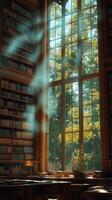Sunlight Streaming Through Window in a Vintage Library Filled With Books and a Warm Atmosphere. photo