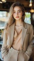 Stylish Young Woman Stands Confidently in a Modern Cafe During Bright Afternoon Hours photo