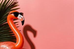 Colorful Flamingo Decoration With Sunglasses Against Pink Background and Tropical Leaves photo
