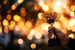 Celebrating Victory With a Trophy Against a Festive Backdrop of Warm Bokeh Lights photo