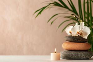 Serenity in a Calming Setting With Stacked Stones and an Orchid by a Flickering Candle photo