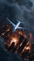 Airplane above burning city photo