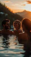 Friends Enjoying a Sunset Poolside Gathering in the Mountains During Summer photo