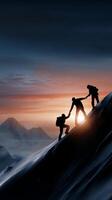 Friends Assisting Each Other While Climbing a Mountain During Sunset in a Breathtaking Landscape photo