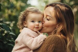 Mother and Baby Share a Sweet Moment Outdoors in a Lush Garden During Daylight Hours photo