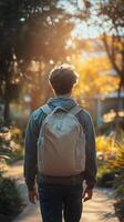 Young Man Walks on a Sunny Path Surrounded by Trees and Autumn Colors in a Peaceful Park Setting photo