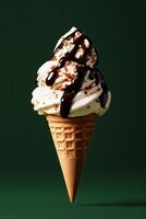 Delicious Ice Cream Cone With Chocolate Sauce and Sprinkle Splatter in a Dark Setting. photo
