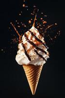 Delicious Ice Cream Cone With Chocolate Sauce and Sprinkle Splatter in a Dark Setting photo