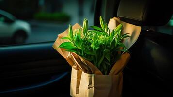 Fresh Green Plants in Paper Bags Ready for Home Delivery in Nighttime City Atmosphere. photo
