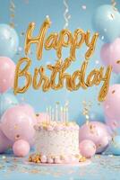 Festive Birthday Celebration With Balloons and Cake in Pastel Colors. photo