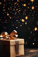 Festive Golden Gift Box Floating With Confetti and Streamers During a Celebratory Event in a Dark Setting. photo