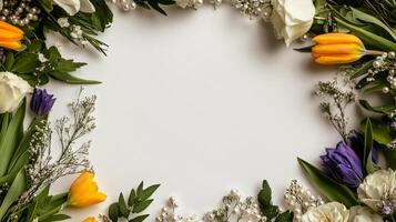 Bright Floral Arrangement With Colorful Flowers and Greenery on a Light Background. photo
