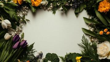 Bright Floral Arrangement With Colorful Flowers and Greenery on a Light Background photo