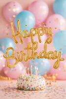 Festive Birthday Celebration With Cake and Colorful Balloons in Cheerful Setting photo