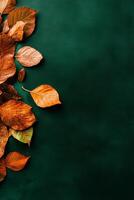 Colorful Autumn Leaves Arranged on a Dark Green Surface Creating a Seasonal Atmosphere. photo