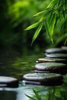 Serene Bamboo Leaves Framed by Stepping Stones Over Tranquil Water on a Calm Day photo