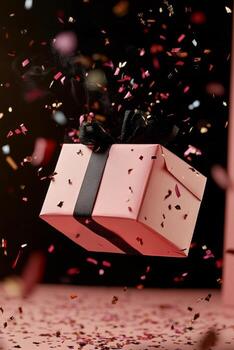 Gift Box Floating in the Air With Colorful Confetti for Celebration Event. photo