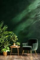 Cozy Living Room Corner With Green Plants and Stylish Armchair Under Warm Light. photo