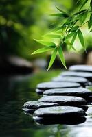 Serene Bamboo Leaves Framed by Stepping Stones Over Tranquil Water on a Calm Day. photo