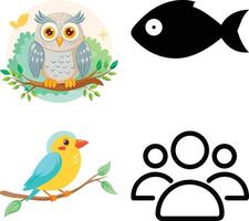 A bird, fish and an owl are shown in a set of icons vector