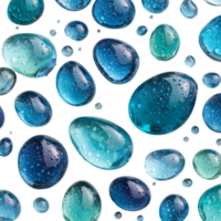 Seamless pattern of blue and turquoise glass pebbles with water drops isolated on transprint background png