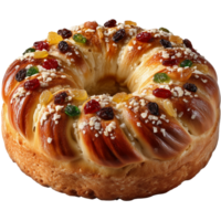 Delicious ring cake with candied fruit and sugar for holiday celebration isolated on transprint background png