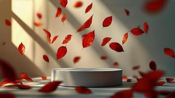 Leaves Swirl Around a Circular Platform in a Serene Autumn Setting. photo