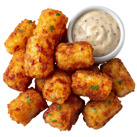Delicious golden fried tater tots with creamy dipping sauce appetizer isolated on transprint background png